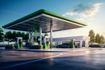 a modern gas station with eco-friendly and efficient fuel pumps. AI generative. - obrazy, fototapety, plakaty