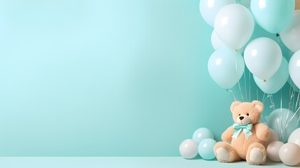 A bundle of blue and white air balloons with a teddy bear, blue studio wall, copy space