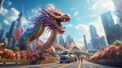 Huge Chinese dragon in a large city with skyscrapers