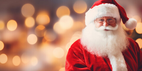 Santa Claus in a red hat and suit with a white fluffy beard and glasses stands smiling against a background of blurred bokeh