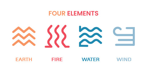 Illustration of four element of life; eart, fire, water and air isolated at clear background; line art logos