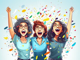 Three young girls in a festive mood and hugging enjoy life. Generated by AI.