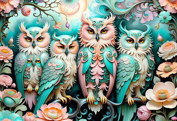 abstract fantasy art illustration of an owl framed by flowers with art nouveau elements, generative ai