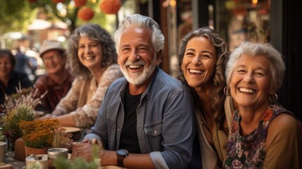 Portrait Of Mature Friends Smiling and Laughing Outdoors. - obrazy, fototapety, plakaty