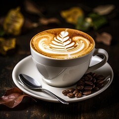 An appetizing cup of cappuccino with cream stands on a dark wooden table against the background of roasted coffee beans. Generated by AI.