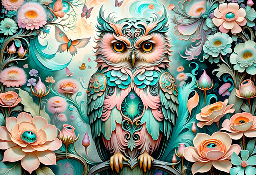 abstract fantasy art illustration of an owl framed by flowers with art nouveau elements, generative ai