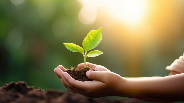 hand children holding young plant with sunlight on green nature background. concept eco earth day, Generative AI