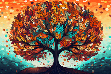 Ebru Style Colorful Tree Illustration with Hanging Leaves.