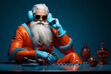 Glamour santa claus making online connection with children all over the planet earth. Modern design costume for new year with orange and blue color. Long gray beard with mustaches.