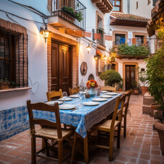 a Spanish house with a tiled table chair
