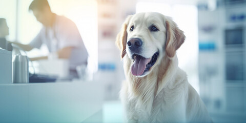 Cute golden retriever dog sits with his tongue hanging out on a blurred background of a veterinary clinic