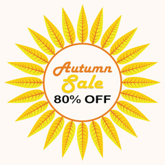 Autumn sale banner with yellow leaves on white background. for shopping sale or promo poster. Vector illustration template.