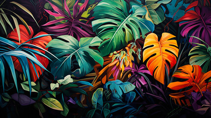 Obraz na płótnie Canvas Leaves of exotic plants in street art style created with Generative Ai