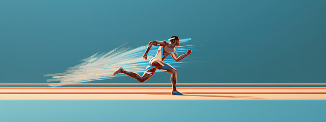 Illustration of runner in motion blur, blue background - obrazy, fototapety, plakaty