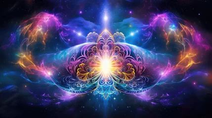 Foto auf Acrylglas Mandala Cosmic kaleidoscope background. Abstract sci-fi mandala fractal luminous neon glowing colorful lights wallpaper..
