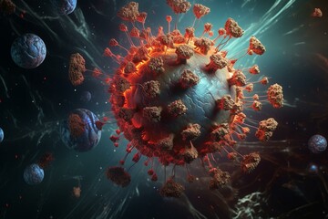 An active bio-virus attacking a cell. Generative AI - obrazy, fototapety, plakaty
