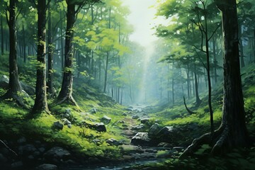 Fototapeta na wymiar Daytime forest painting view. Generative AI