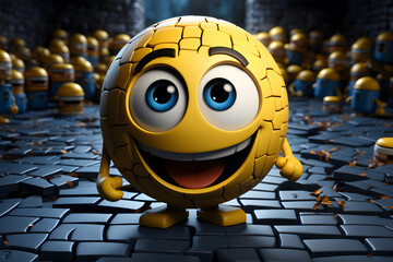 Funny 3D smiley emoji, yellow.