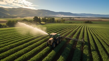 Aerial view of Tractor Spraying Pesticides in soybean field, Tractor sprays soybeans in spring. Generative Ai