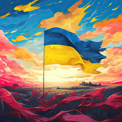 Sunset over Fields of Ukraine Flag - Generative AI Stock Illustration