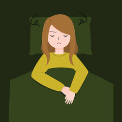 Girl or woman can not sleep and depressed in bed. Mental disorder, loneliness, anxiety illustration