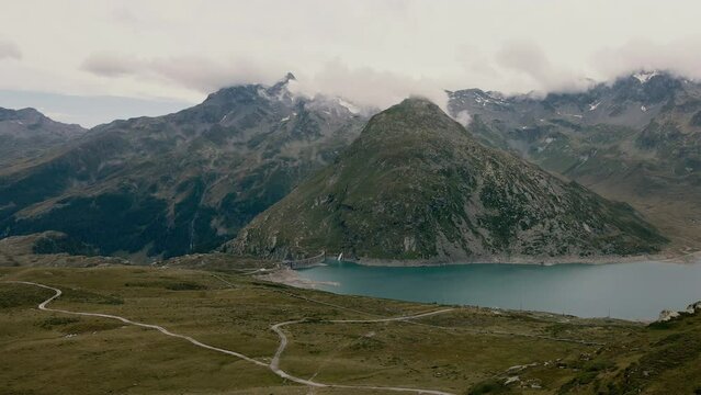 Drone aerial view on Lake Montespluga and Pizzo Ferr&egrave; - Italian Alps