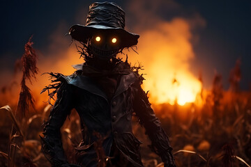 Scary scarecrow in a hat on a burning cornfield. Halloween holiday concept