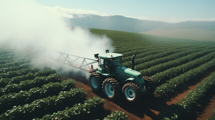 Aerial view of Tractor Spraying Pesticides in soybean field, Tractor sprays soybeans in spring. Generative Ai