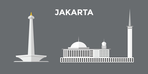 illustration of jakarta's landmark (National Monumen and Istiqlal Mosque); white building with grey background