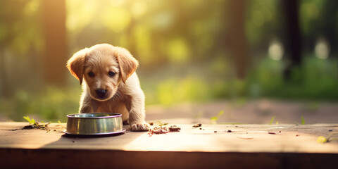 Golden retriever puppy sits next to a bowl on a blurred background of forest nature