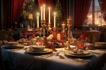 Fototapeta na wymiar A cozy Christmas dinner with candlelight, a festive table adorned with a red tablecloth and crystal glasses filled with wine. A golden turkey is the centerpiece, while a glowing. Generative AI