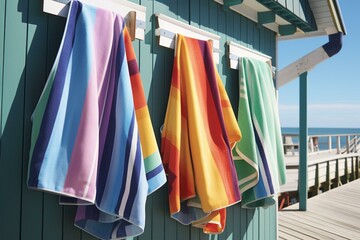 Beach towels hanging, prepared to go. Generative AI