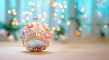 Fototapeta na wymiar Christmas bauble ornament made of seashells surrounded with blurred Christmas lights.