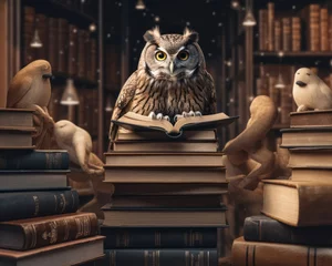 Poster An eagle owl sits on an open book in the library. Generative AI. © Iaroslava