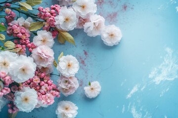 Obraz na płótnie Canvas Pink flowers over blue and white backgrounds. Generative AI