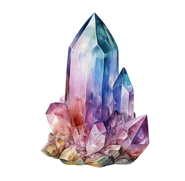 Watercolor illustration of multicolored quartz crystal. Generative AI, png image.