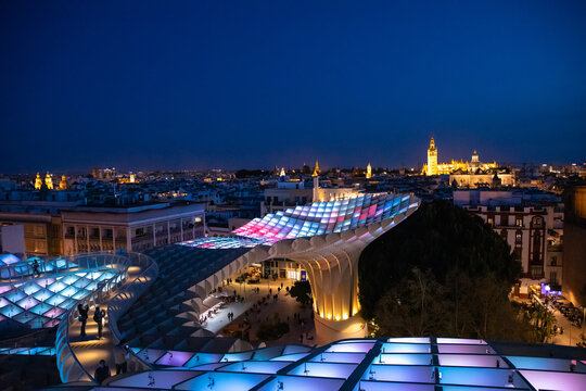 Seville view from Metropol Parasol. Setas de Sevilla best view of the city of Seville, Andalusia, Spain by night.