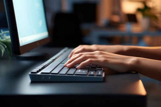 Woman's hands printing on keyboard near the computer screen in light office room