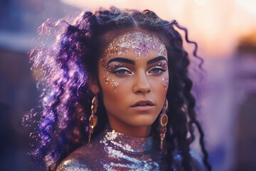 Woman hair glitter. Skin colorful paint. Generate Ai