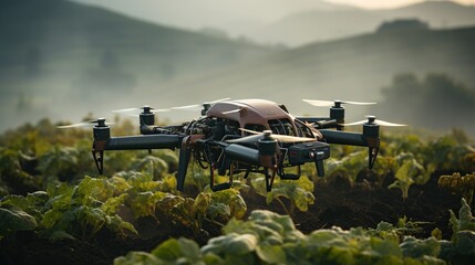 Agriculture drone fly to sprayed fertilizer on the fields. smart farmer use drone for various fields like research analysis, terrain scanning technology, smart technology concept. - obrazy, fototapety, plakaty