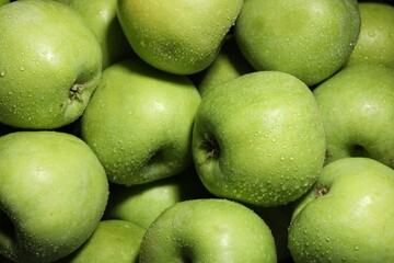 Fresh green apples with water drops as background, closeup