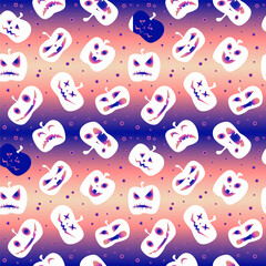 Funny halloween pumpkin seamless pattern background. Funny face expressions. Vector illustration.