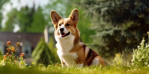 Welsh Corgi Dog on Grass Background. Portrait of Cute Dog in The Park