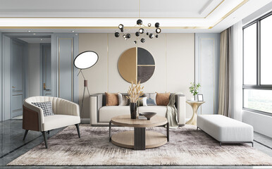 The modern luxury interior of the living room is bright and clean. 3D illustration
