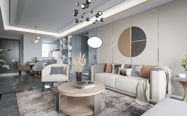 The modern luxury interior of the living room is bright and clean. 3D illustration
