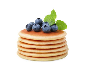 Delicious pancakes with blueberries and mint isolated on white