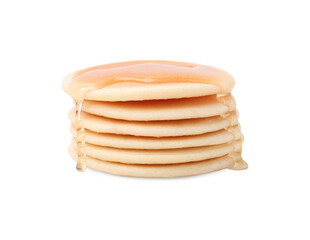 Delicious pancakes with honey isolated on white