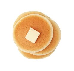 Delicious pancakes with butter isolated on white, top view