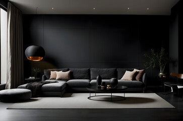 Dark Black Sofa and Recliner Chair in a Scandinavian Apartment