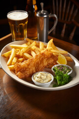 British Traditional Fish and chips with mashed peas, tartar sauce on wooden table